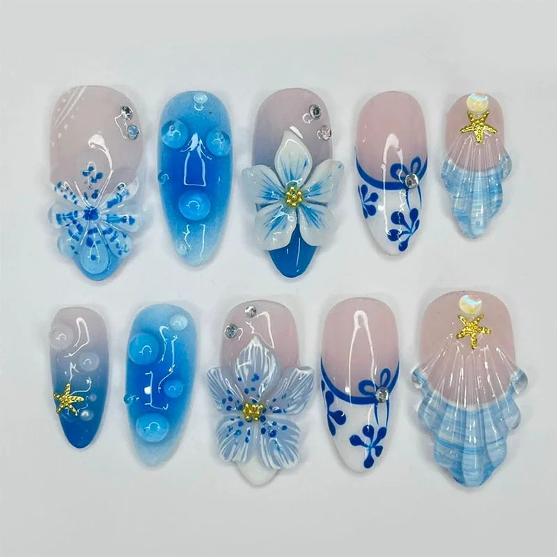 24pcs Pink Flower Almond Press on Nails Kawaii False Nails Wearable Stick-on Nails Fake Nail (B)