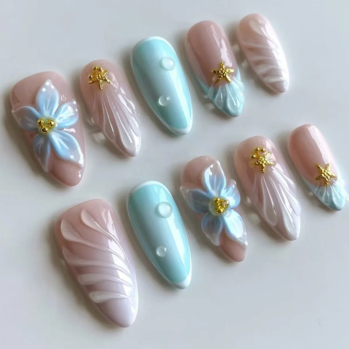 24pcs Pink Flower Almond Press on Nails Kawaii False Nails Wearable Stick-on Nails Fake Nail (B)