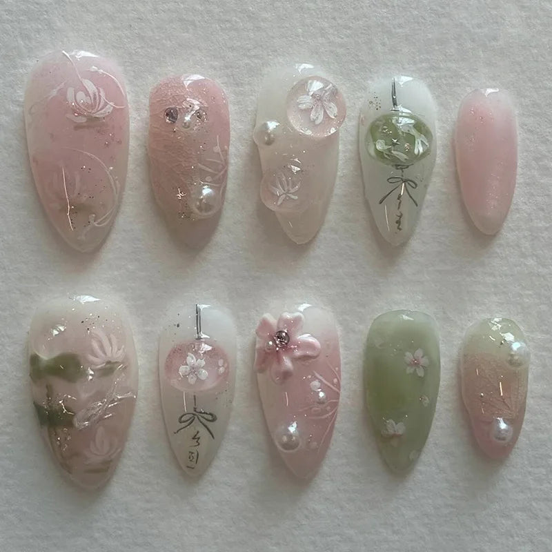 24pcs Pink Flower Almond Press on Nails Kawaii False Nails Wearable Stick-on Nails Fake Nail (B)