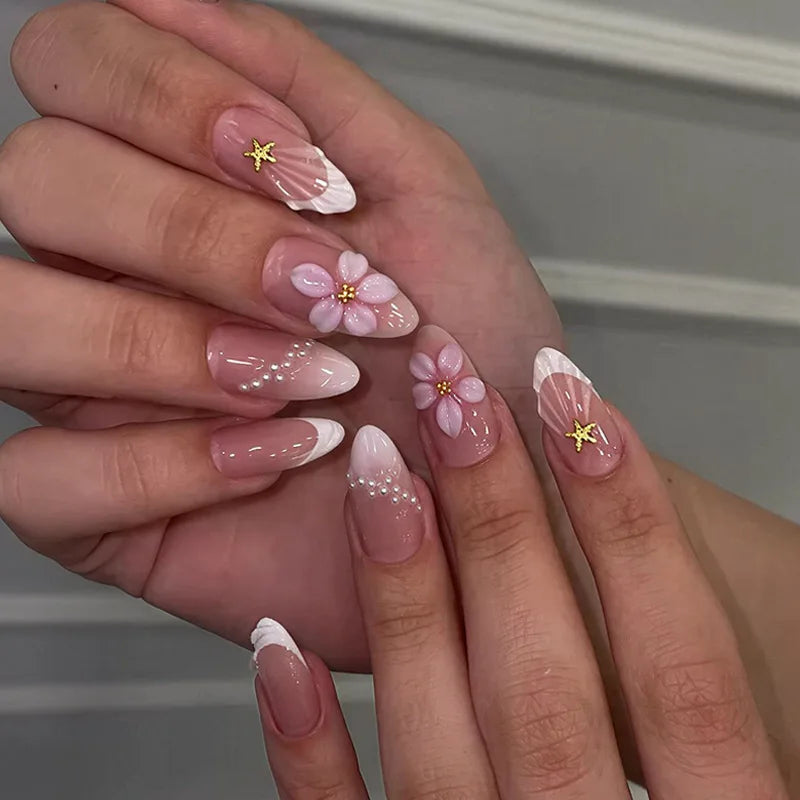 24pcs Pink Flower Almond Press on Nails Kawaii False Nails Wearable Stick-on Nails Fake Nail (B)