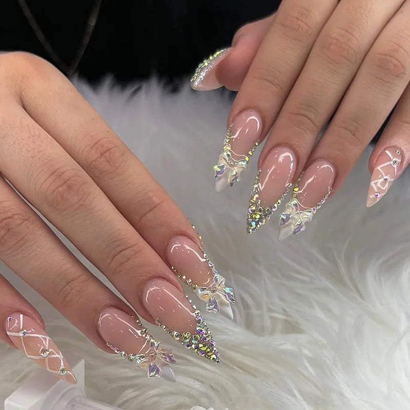24pcs Pink Flower Almond Press on Nails Kawaii False Nails Wearable Stick-on Nails Fake Nail (B)