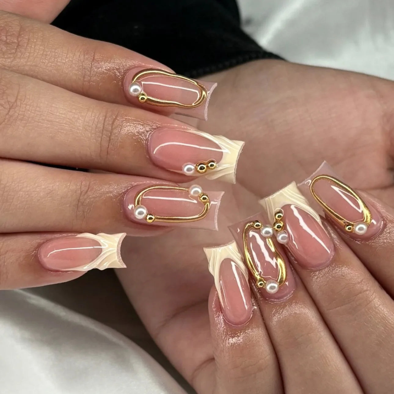24PCS 3D Glue-on Nails Set for women girls French Style Golden Frame Embossed White Flowers Square Shaped Press on Nails
