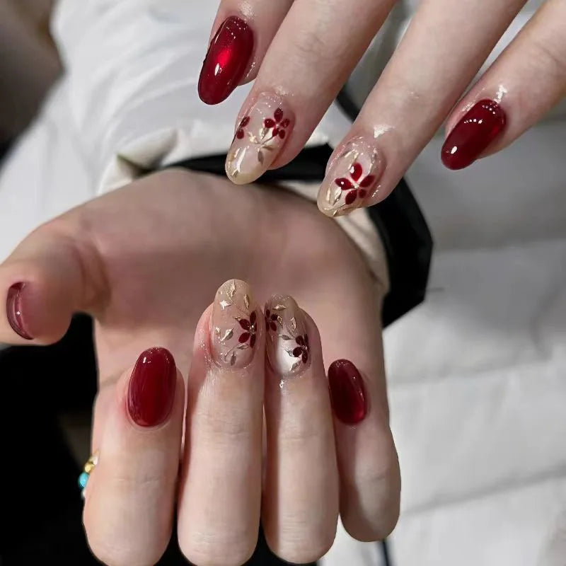 24pcs Glitter Cat Eye Fake Nails Medium Almond False Nails Golden Irregular Line Nail Art French Flower Pearl Press on Nails (C)