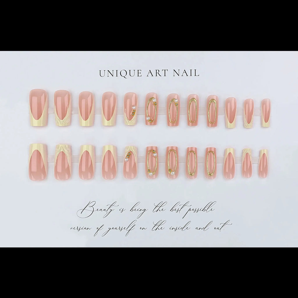 24PCS 3D Glue-on Nails Set for women girls French Style Golden Frame Embossed White Flowers Square Shaped Press on Nails