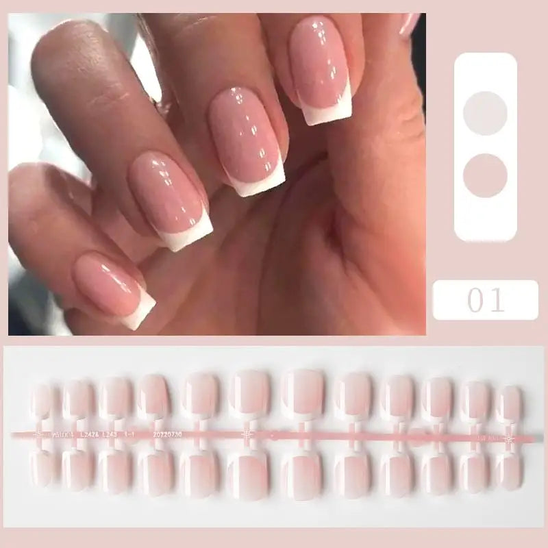 24Pcs Fashion French Style False Nails With Jelly Nail Glue Simple Removable Wearable Press On Nail Tip Supply