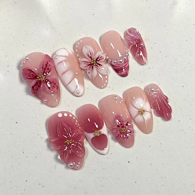 24pcs Pink Flower Almond Press on Nails Kawaii False Nails Wearable Stick-on Nails Fake Nail (B)