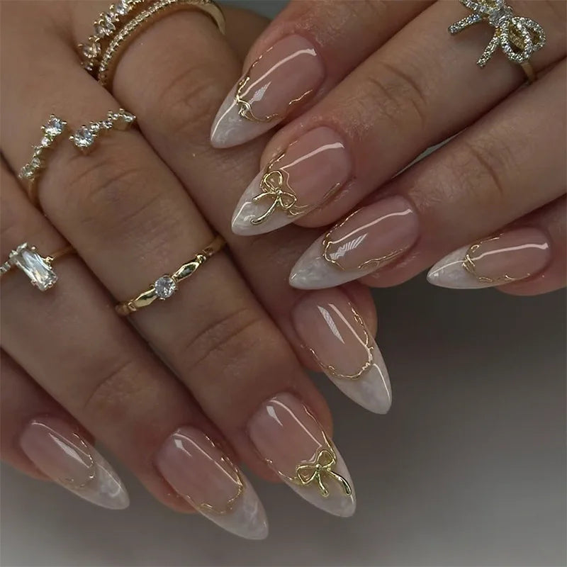 24pcs Glitter Cat Eye Fake Nails Medium Almond False Nails Golden Irregular Line Nail Art French Flower Pearl Press on Nails (C)