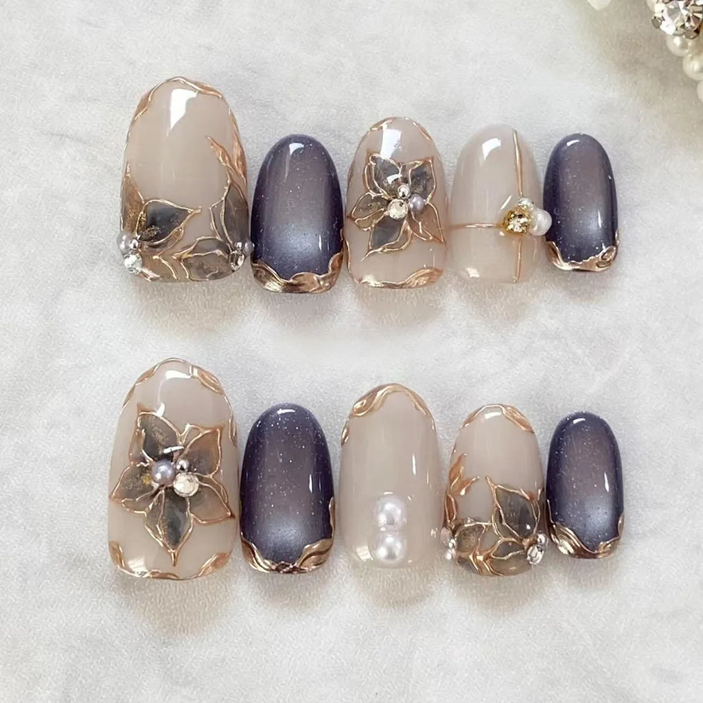 24pcs Glitter Cat Eye Fake Nails Medium Almond False Nails Golden Irregular Line Nail Art French Flower Pearl Press on Nails (C)