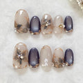 24pcs Glitter Cat Eye Fake Nails Medium Almond False Nails Golden Irregular Line Nail Art French Flower Pearl Press on Nails (C)