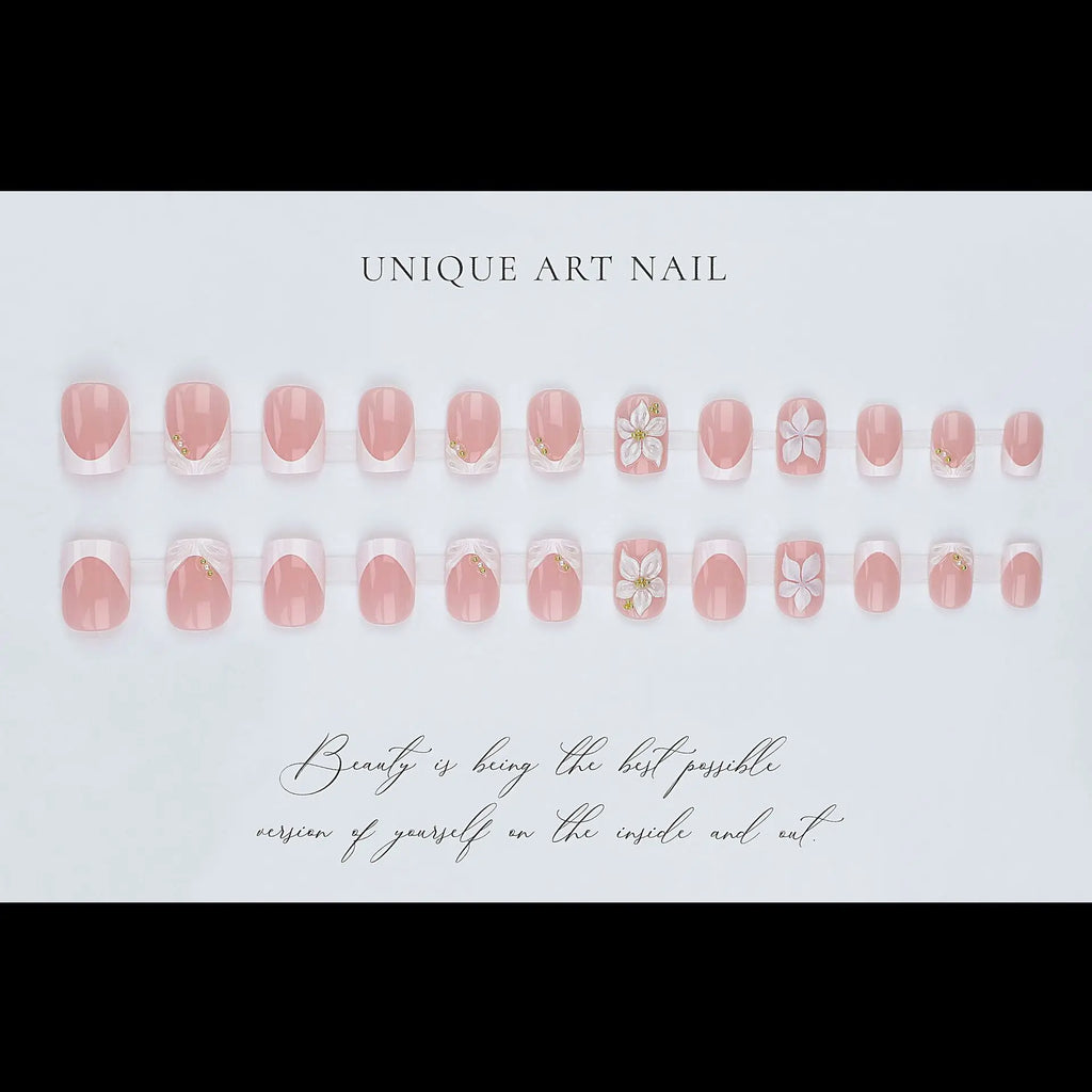 24PCS 3D Glue-on Nails Set for women girls French Style Golden Frame Embossed White Flowers Square Shaped Press on Nails
