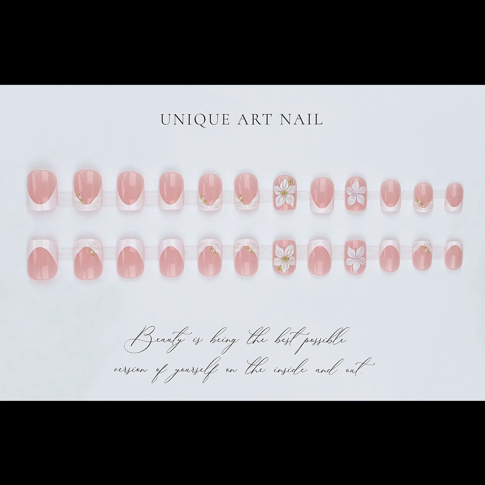 24PCS 3D Glue-on Nails Set for women girls French Style Golden Frame Embossed White Flowers Square Shaped Press on Nails