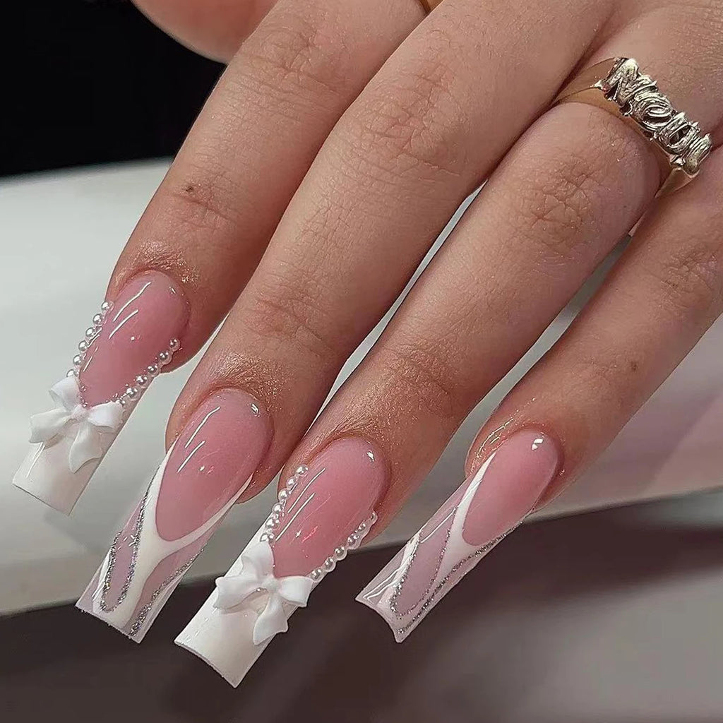 24pcs Medium Square White French Fake Bow Nails  Detachable And Reusable Jelly Glue 1pc Cuticle Pusher