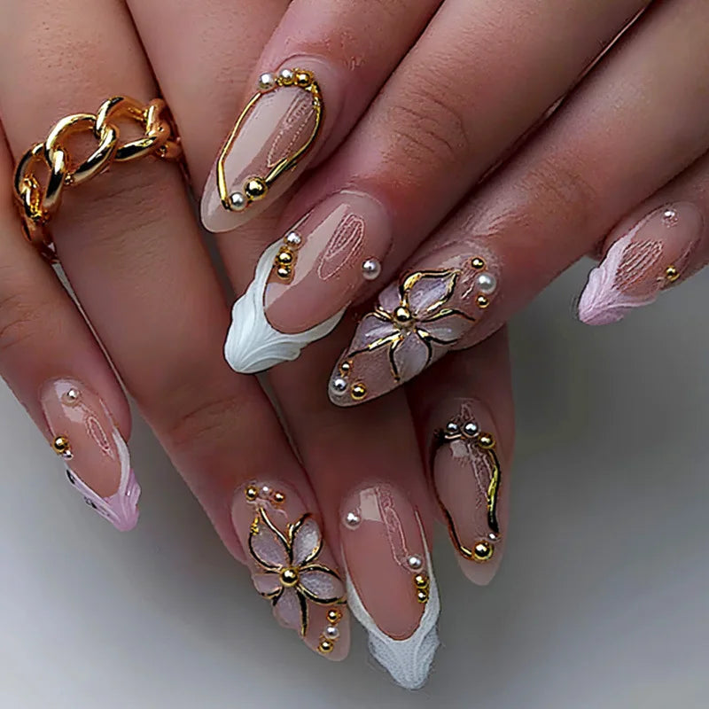24pcs Pink Flower Almond Press on Nails Kawaii False Nails Wearable Stick-on Nails Fake Nail (B)