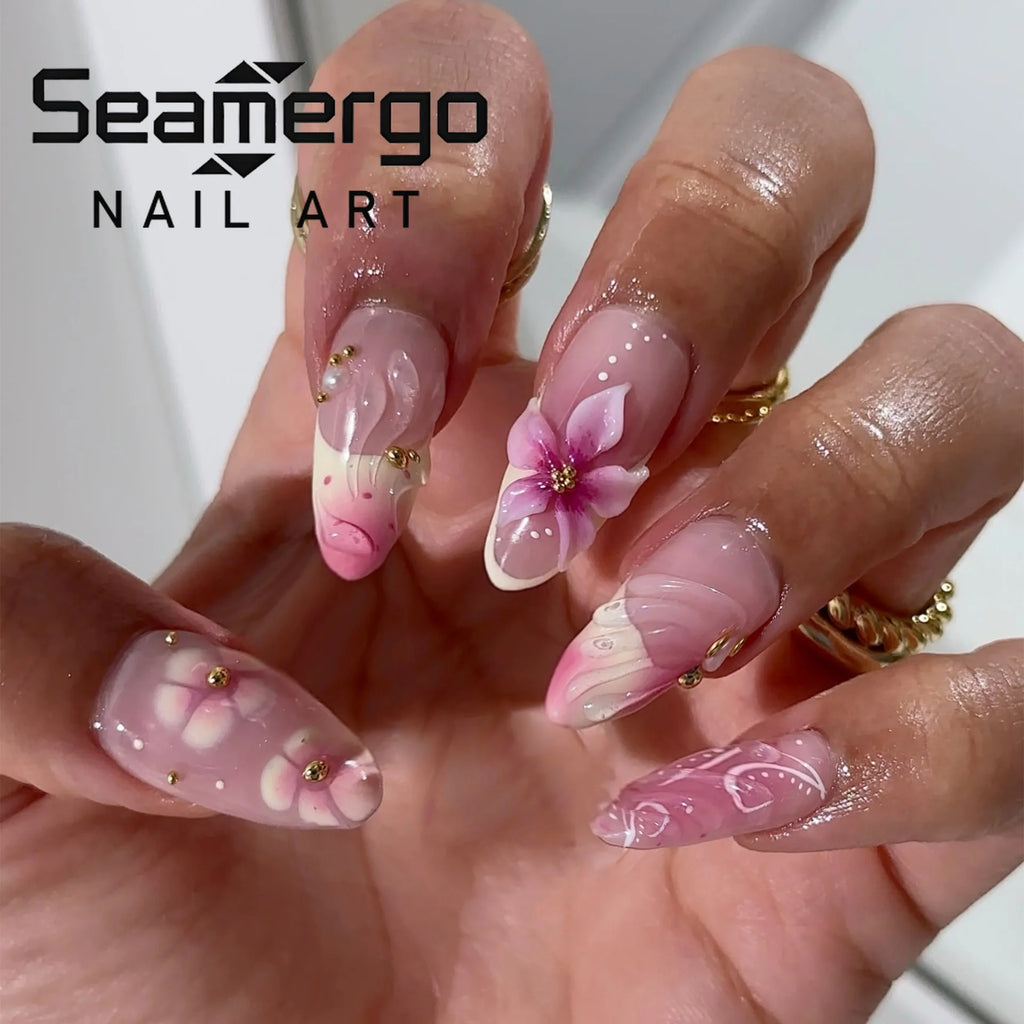 24PCS Press on Nails Pink 3D Pink Flower Marble Wave Print with Gold Bead Fake Nails Elegant Romantic Style Reusable False Nails