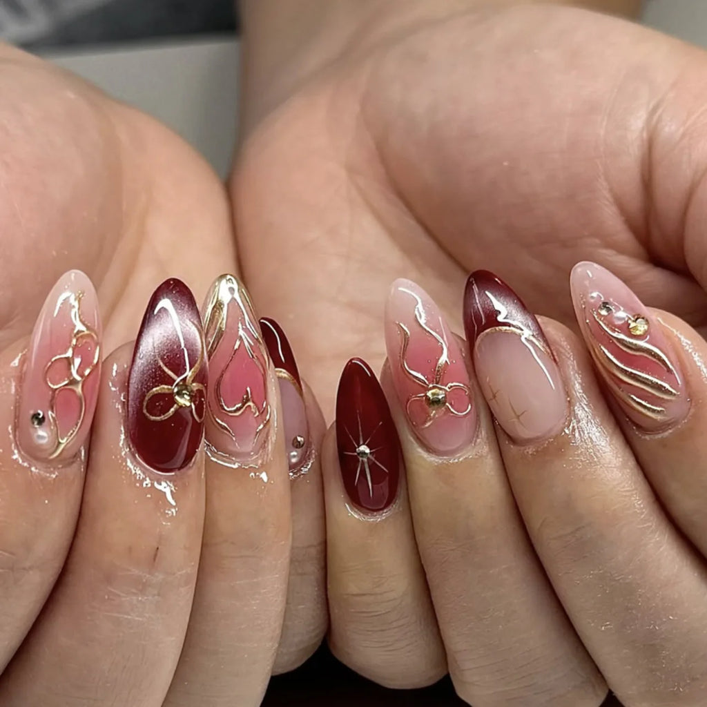 24pcs Pink Flower Almond Press on Nails Kawaii False Nails Wearable Stick-on Nails Fake Nail (B)